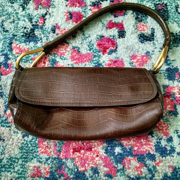 Bueno Brown Croc Embossed Leather Gold Handbag - Picture 8 of 13